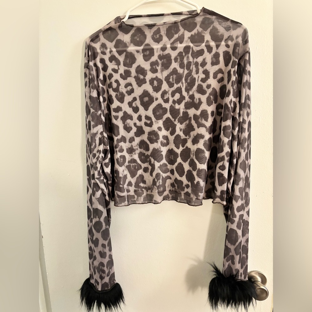 SHEIN 4X Leopard Print Blouse with Black Fur Cuffs